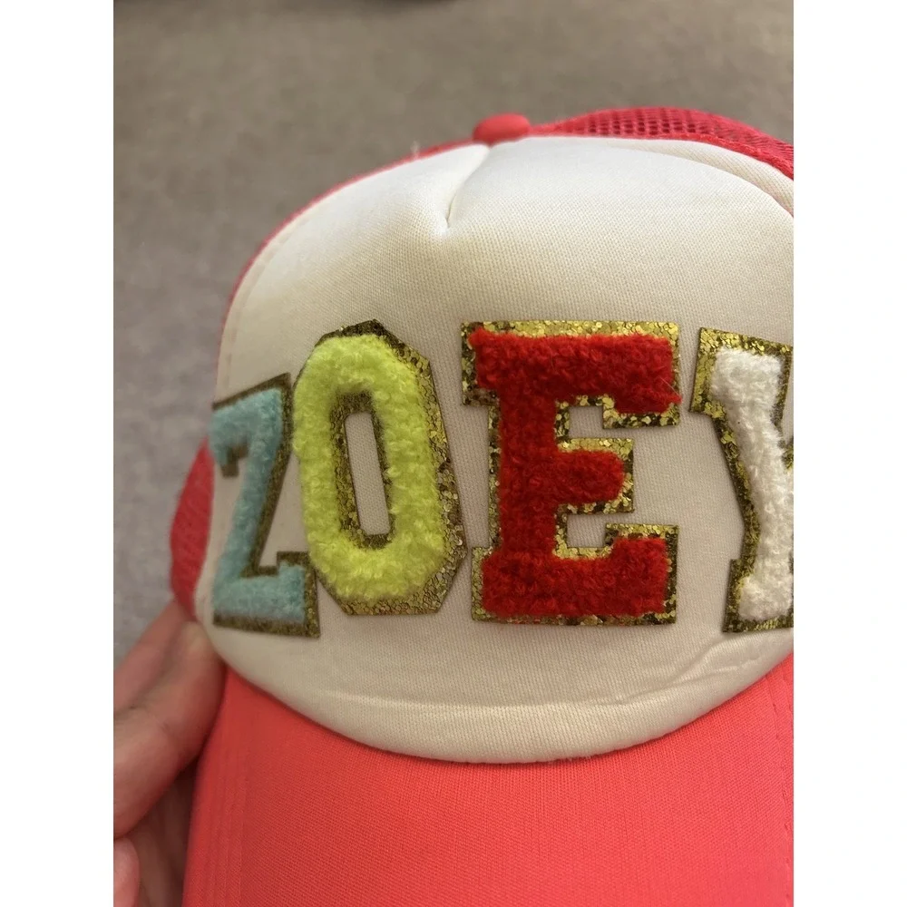 Y2K Vintage Trucker Hat Girls OS Pink Excellent Zoey Chenille Glitter Patch Mesh